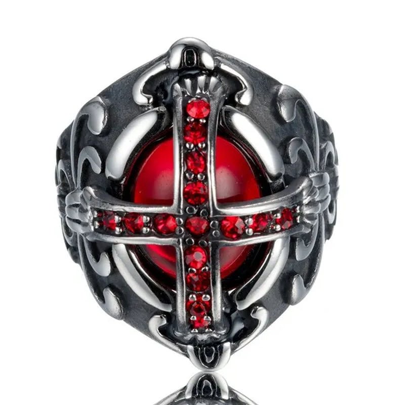 Stainless Steel Fashion Filled Diamond Men Vintage Cross Ruby Ring Jewelry - WORLD TIME VISITS