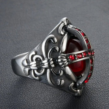 Stainless Steel Fashion Filled Diamond Men Vintage Cross Ruby Ring Jewelry