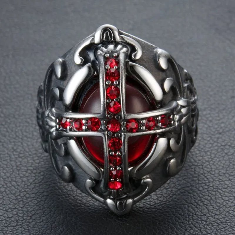 Stainless Steel Fashion Filled Diamond Men Vintage Cross Ruby Ring Jewelry