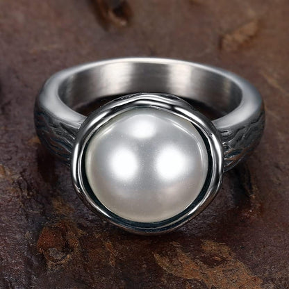 Stainless Steel Faux Pearl Solitaire Style Wedding Engagement Proposal Statement Anniversary Ring