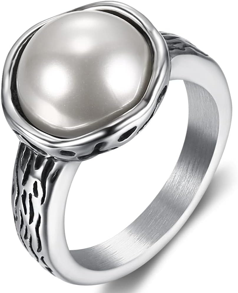 Stainless Steel Faux Pearl Solitaire Style Wedding Engagement Proposal Statement Anniversary Ring - WORLD TIME VISITS