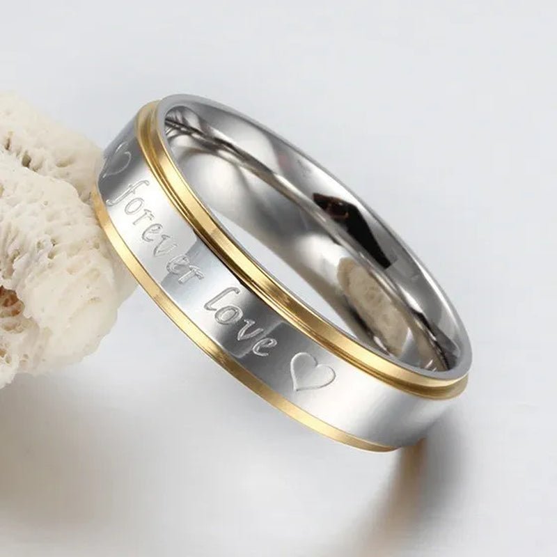 Stainless Steel "Forever Love" Gold Edged Ring Wedding Band Men/Women'S Fashion Jewelry Size 6-13