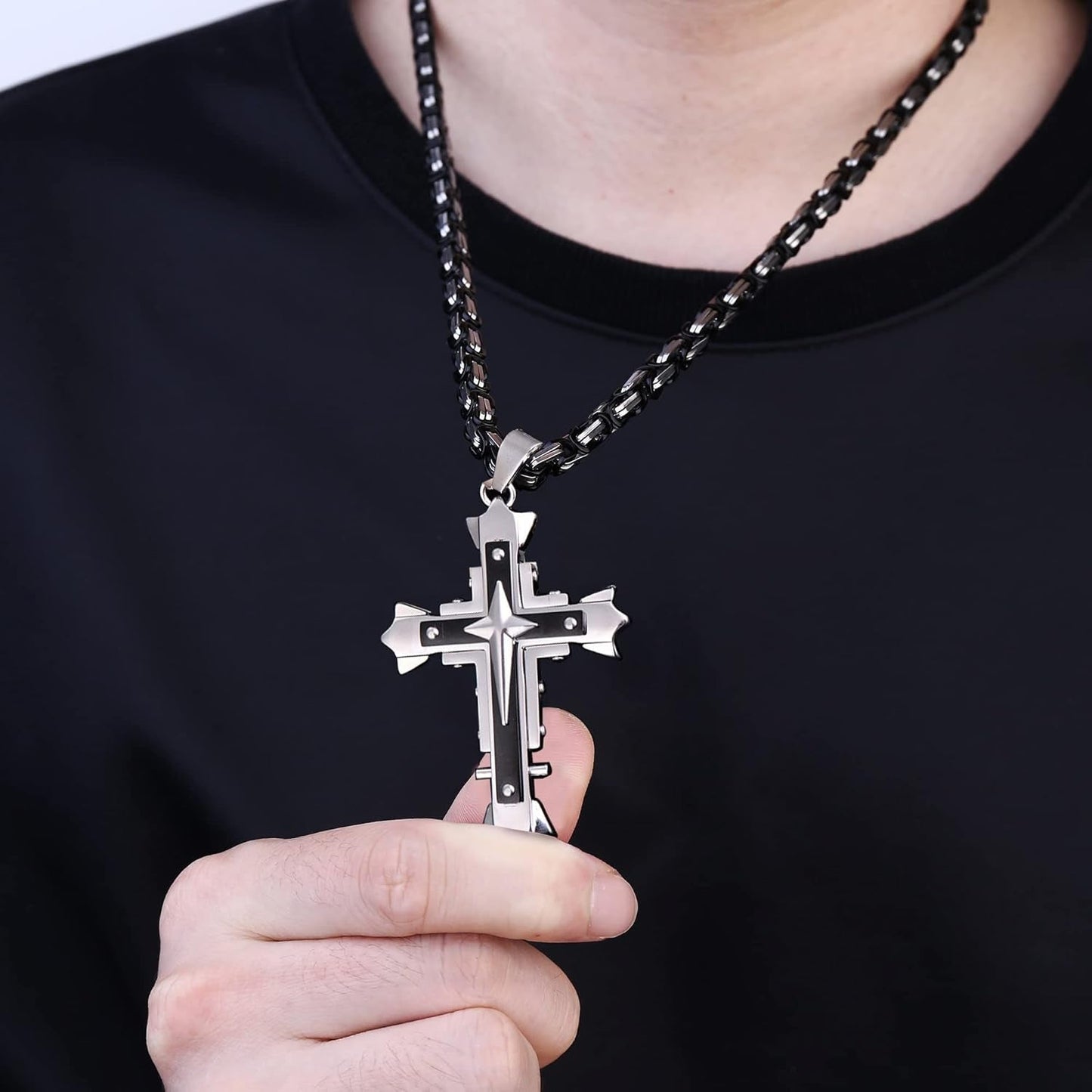 Stainless Steel Large Jesus Christ Cross Pendant Necklace Religious Jewelry for Men,On 24 in Rolo/Byzantine Chain,Silver/Gold/Black