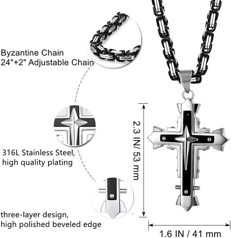 Stainless Steel Large Jesus Christ Cross Pendant Necklace Religious Jewelry for Men,On 24 in Rolo/Byzantine Chain,Silver/Gold/Black