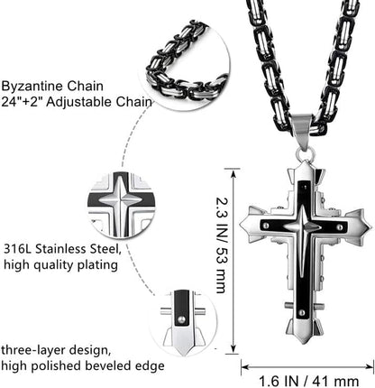 Stainless Steel Large Jesus Christ Cross Pendant Necklace Religious Jewelry for Men,On 24 in Rolo/Byzantine Chain,Silver/Gold/Black