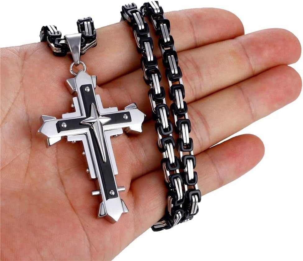 Stainless Steel Large Jesus Christ Cross Pendant Necklace Religious Jewelry for Men,On 24 in Rolo/Byzantine Chain,Silver/Gold/Black