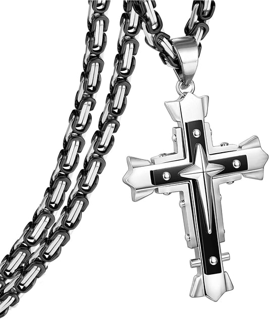 Stainless Steel Large Jesus Christ Cross Pendant Necklace Religious Jewelry for Men,On 24 in Rolo/Byzantine Chain,Silver/Gold/Black - WORLD TIME VISITS