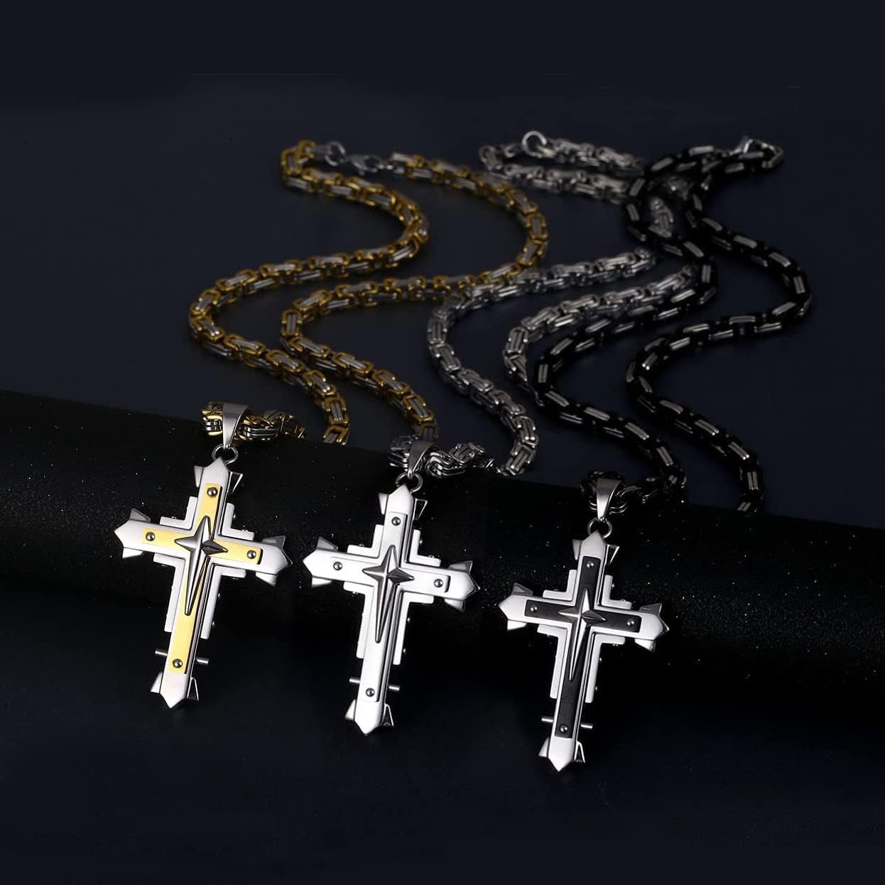Stainless Steel Large Jesus Christ Cross Pendant Necklace Religious Jewelry for Men,On 24 in Rolo/Byzantine Chain,Silver/Gold/Black