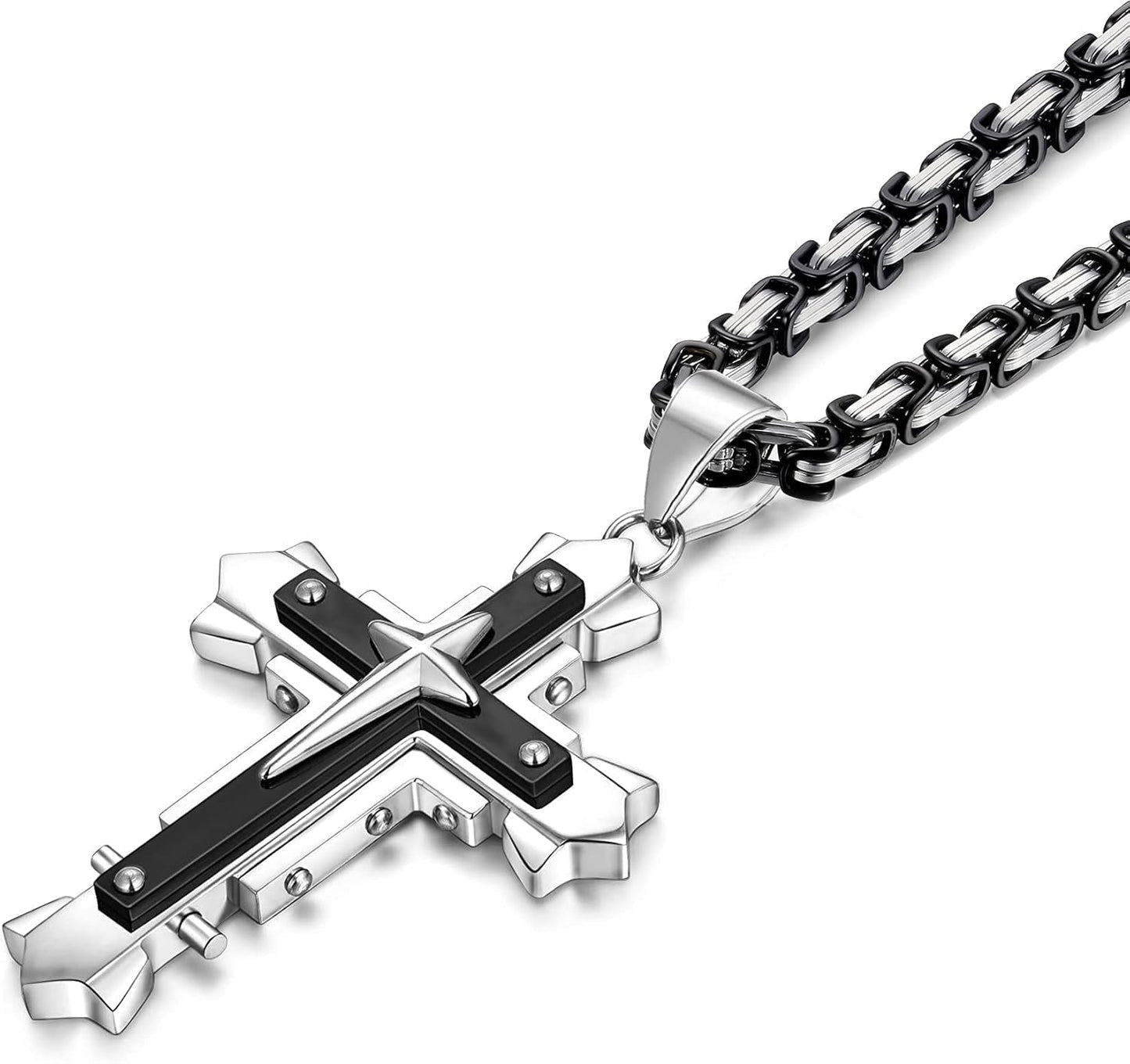 Stainless Steel Large Jesus Christ Cross Pendant Necklace Religious Jewelry for Men,On 24 in Rolo/Byzantine Chain,Silver/Gold/Black - WORLD TIME VISITS