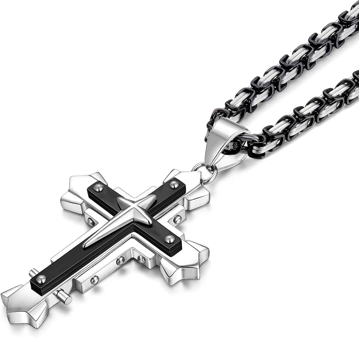 Stainless Steel Large Jesus Christ Cross Pendant Necklace Religious Jewelry for Men,On 24 in Rolo/Byzantine Chain,Silver/Gold/Black - WORLD TIME VISITS