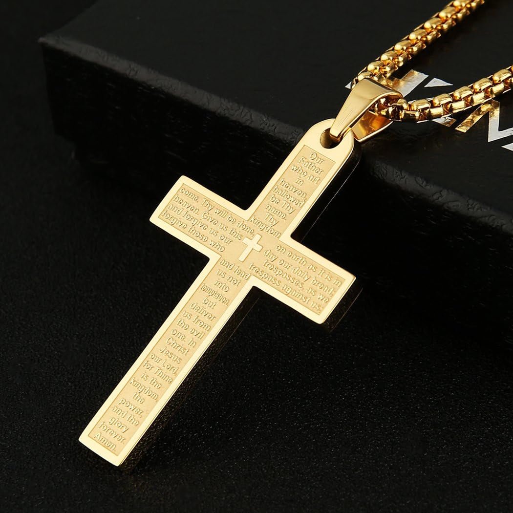Stainless Steel Mens Womens Cross Necklace Lord'S Prayer Pendant, 4 Colors Available