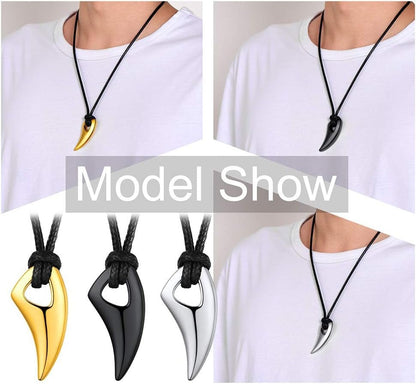 Stainless Steel Pendant Necklace for Men Women, Cool Punk Shark Teeth Necklace, Cross Necklace, Star of David Necklace, Black Leather Cord, Come Box