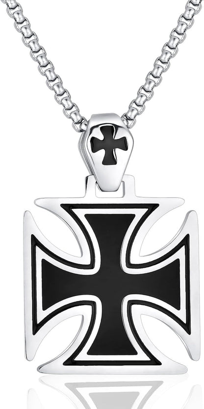 Stainless Steel Templar Knight Cross Pendant Biker Mens Womens Necklace 24Inch Chain Silver - WORLD TIME VISITS
