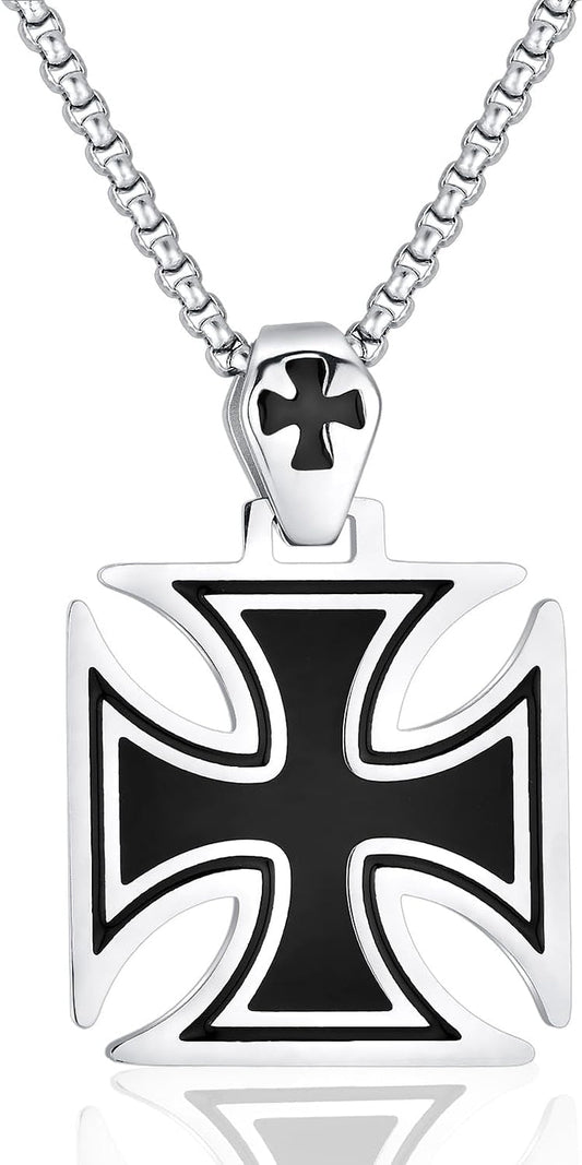 Stainless Steel Templar Knight Cross Pendant Biker Mens Womens Necklace 24Inch Chain Silver - WORLD TIME VISITS