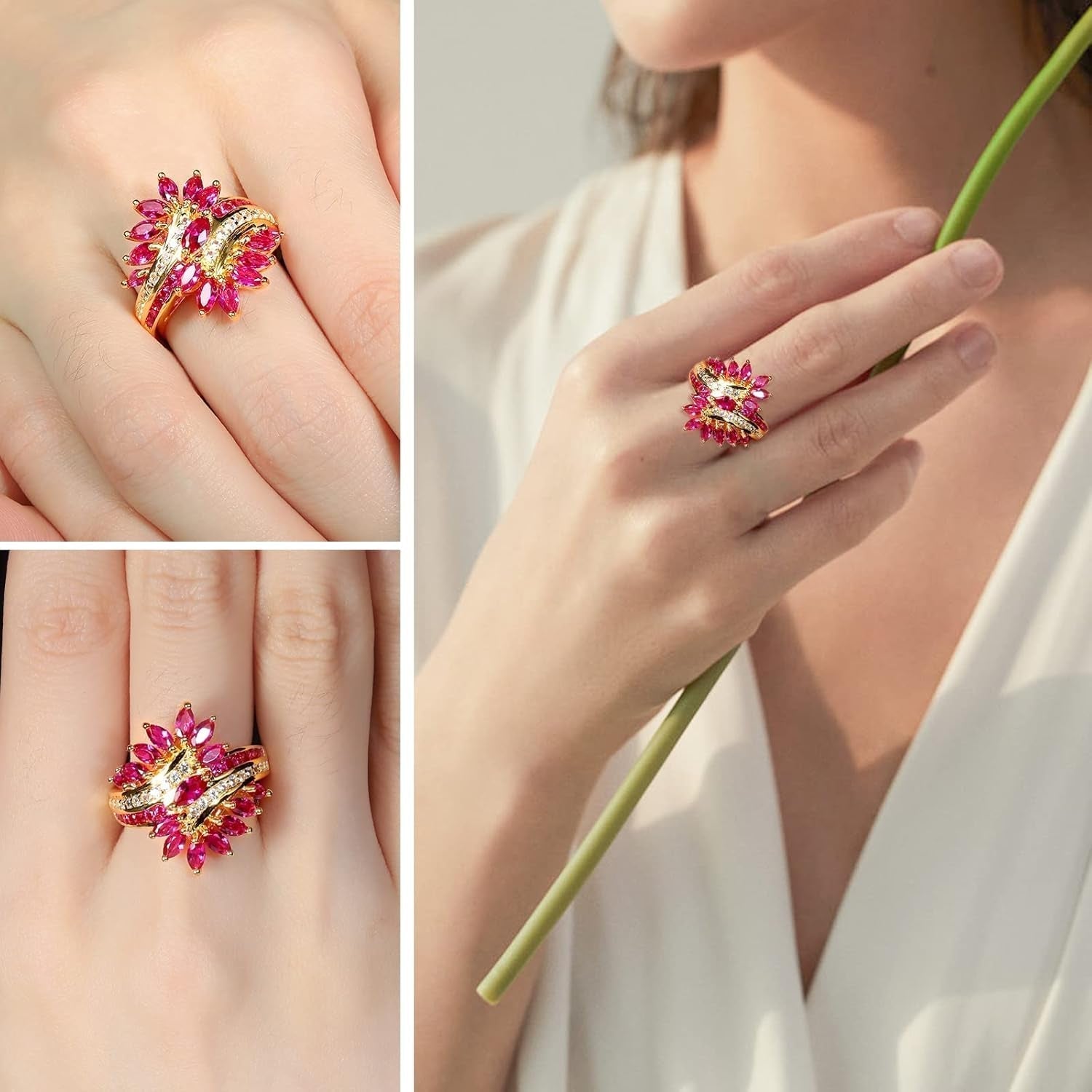 Statement Flower Ring, 14K Gold Plated, Size 6 to 10, Pink, Yellow, Green Leaf Stones, Opal, Sapphire, Ruby, Emerald, Sterling Silver, Cocktail, Engagement, Promise, Party Ring for Women - WORLD TIME VISITS