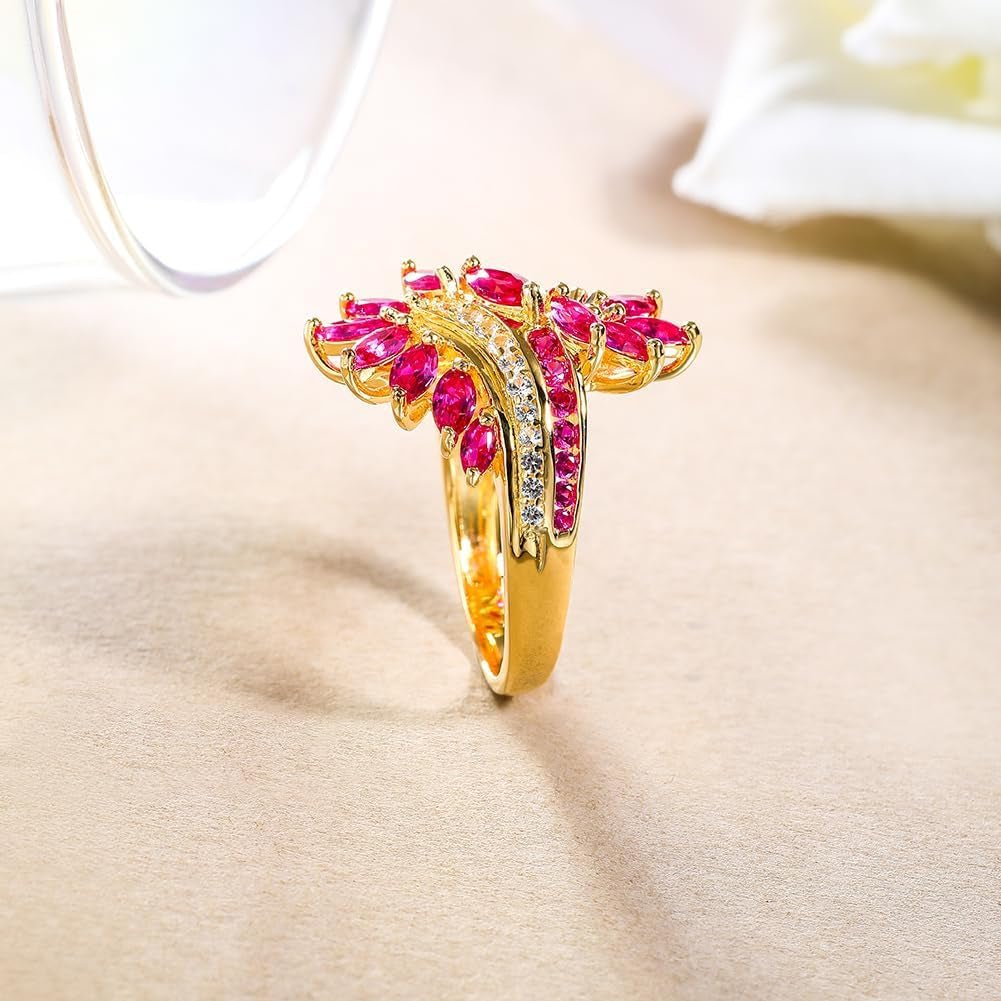Statement Flower Ring, 14K Gold Plated, Size 6 to 10, Pink, Yellow, Green Leaf Stones, Opal, Sapphire, Ruby, Emerald, Sterling Silver, Cocktail, Engagement, Promise, Party Ring for Women