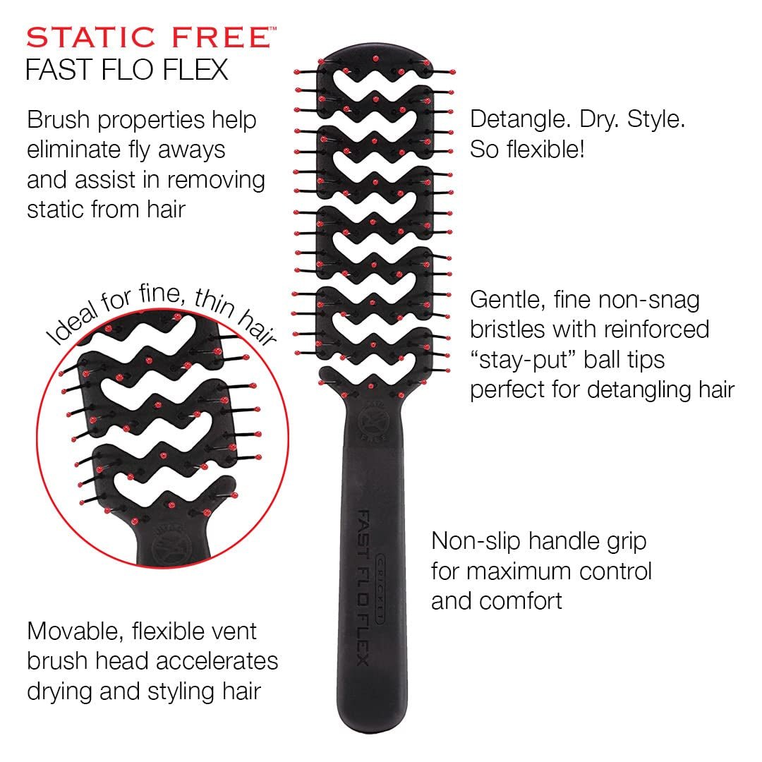 Static Free Fast Flo Flex Vent Hair Brush - Quick Drying, Detangling, and Styling - Anti-Static Bristles for Frizz-Free Blowouts, Ideal for All Hair Types