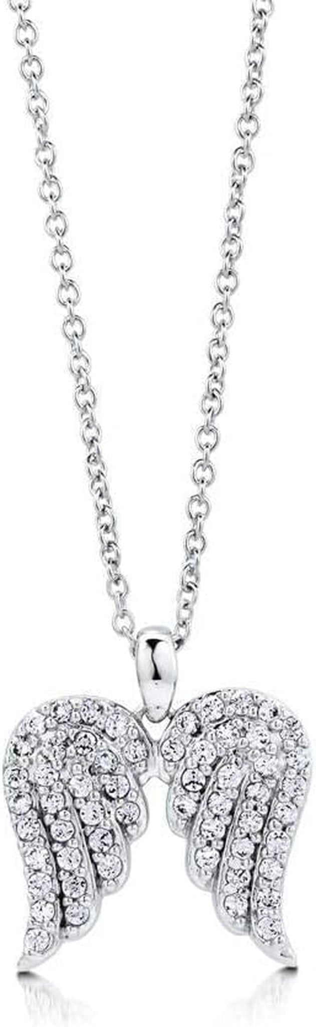 Sterling Silver Angel Wings Cubic Zirconia CZ Fashion Pendant Necklace for Women, Rhodium Plated - WORLD TIME VISITS