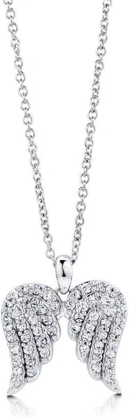 Sterling Silver Angel Wings Cubic Zirconia CZ Fashion Pendant Necklace for Women, Rhodium Plated - WORLD TIME VISITS