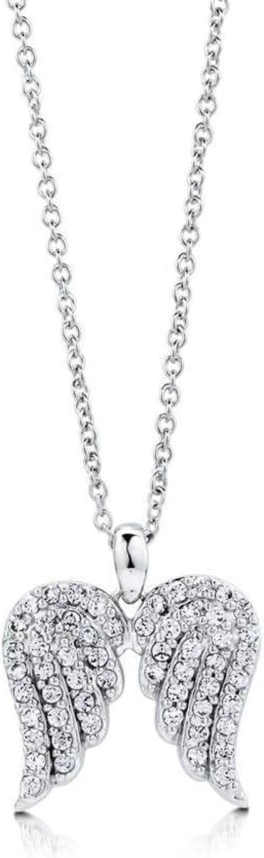 Sterling Silver Angel Wings Cubic Zirconia CZ Fashion Pendant Necklace for Women, Rhodium Plated - WORLD TIME VISITS