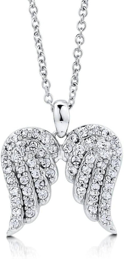 Sterling Silver Angel Wings Cubic Zirconia CZ Fashion Pendant Necklace for Women, Rhodium Plated