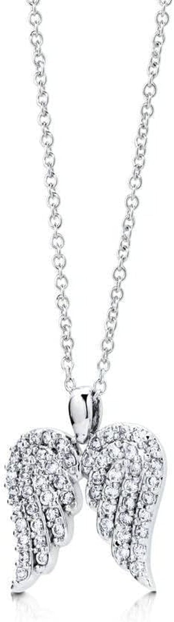 Sterling Silver Angel Wings Cubic Zirconia CZ Fashion Pendant Necklace for Women, Rhodium Plated - WORLD TIME VISITS