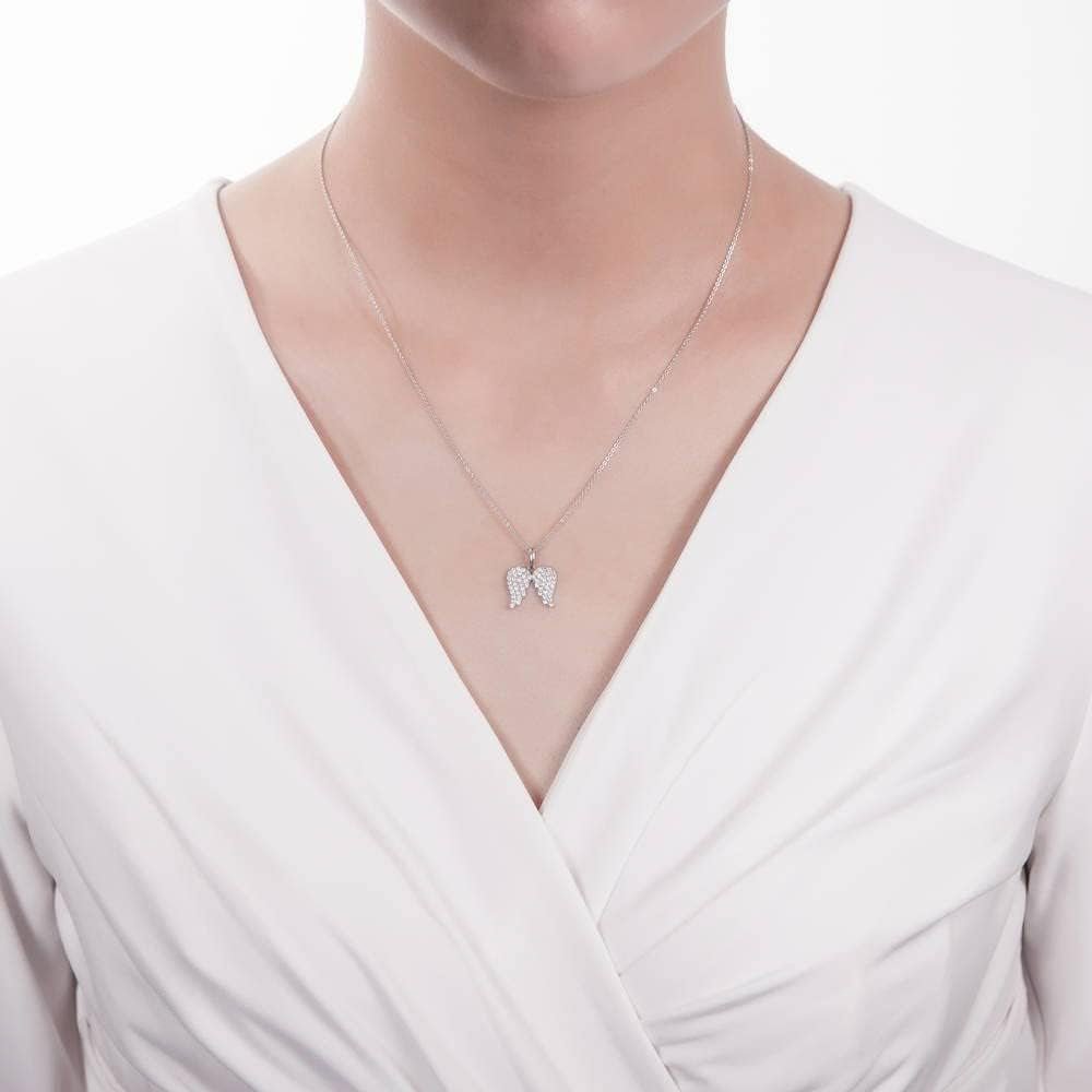 Sterling Silver Angel Wings Cubic Zirconia CZ Fashion Pendant Necklace for Women, Rhodium Plated