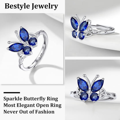 Sterling Silver Birthstone Rings for Women, Dainty Butterfly Stackable Ring Adjustable Ideal Valentine'S Gifts for Her