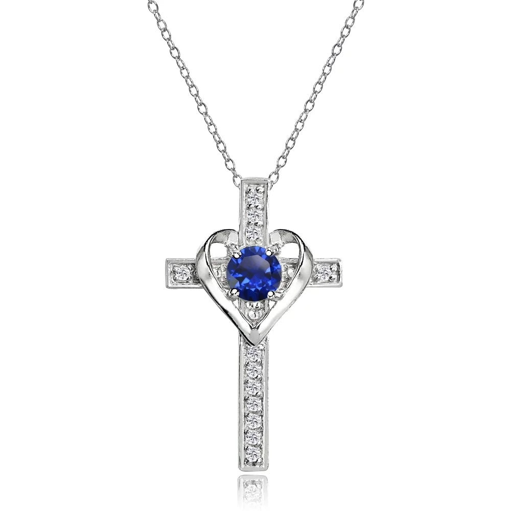 Sterling Silver Created Blue Sapphire and White Topaz Heart Cross Birthstone Pendant Necklace - WORLD TIME VISITS