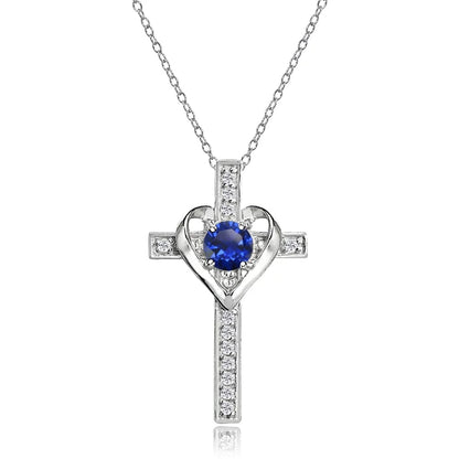 Sterling Silver Created Blue Sapphire and White Topaz Heart Cross Birthstone Pendant Necklace - WORLD TIME VISITS