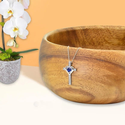 Sterling Silver Created Blue Sapphire and White Topaz Heart Cross Birthstone Pendant Necklace