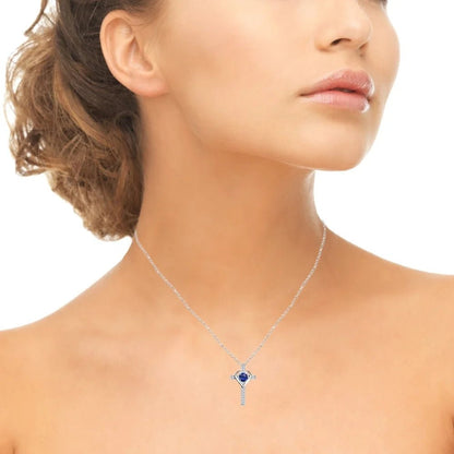 Sterling Silver Created Blue Sapphire and White Topaz Heart Cross Birthstone Pendant Necklace