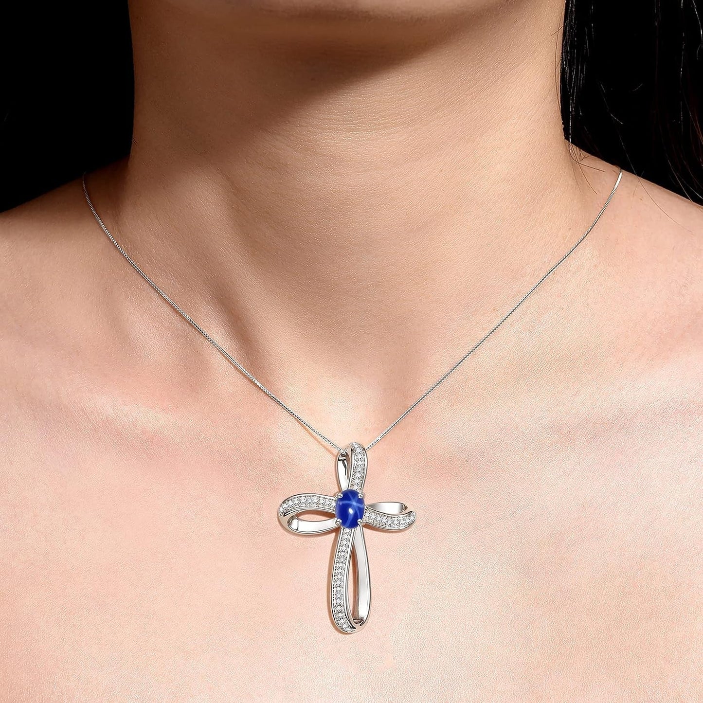 Sterling Silver Cross Necklace: Gemstone & Diamond Pendant, 18 Chain, 8X6MM Birthstone, Elegant Women'S Jewelry - WORLD TIME VISITS