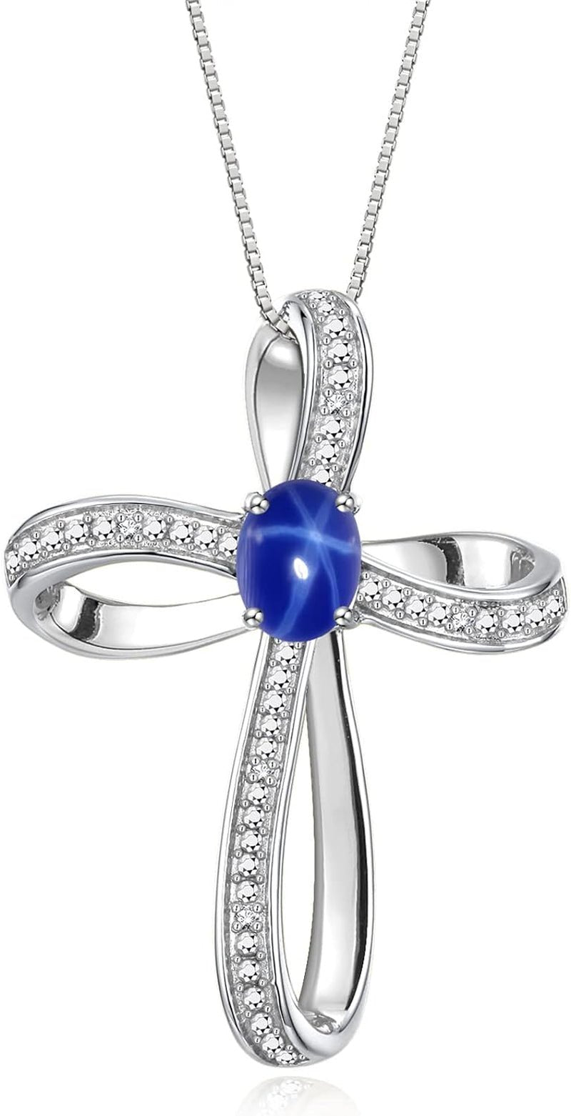 Sterling Silver Cross Necklace: Gemstone & Diamond Pendant, 18 Chain, 8X6MM Birthstone, Elegant Women'S Jewelry - WORLD TIME VISITS