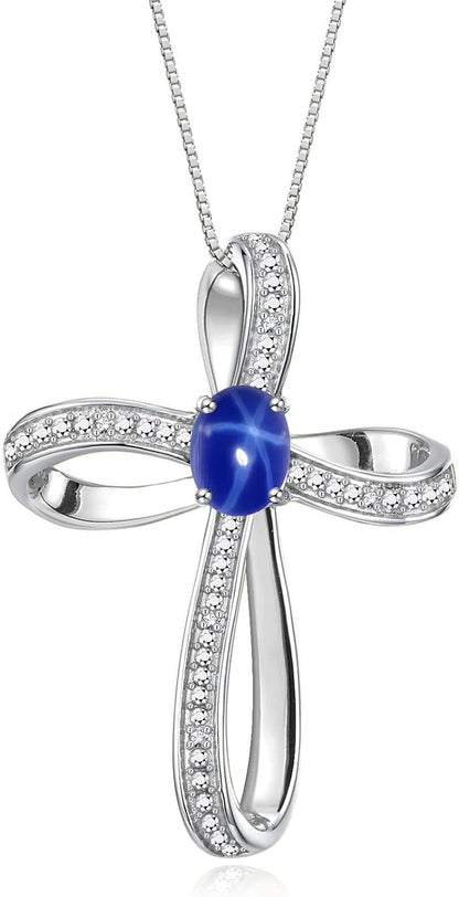Sterling Silver Cross Necklace: Gemstone & Diamond Pendant, 18 Chain, 8X6MM Birthstone, Elegant Women'S Jewelry - WORLD TIME VISITS