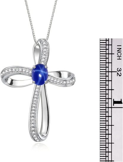 Sterling Silver Cross Necklace: Gemstone & Diamond Pendant, 18 Chain, 8X6MM Birthstone, Elegant Women'S Jewelry