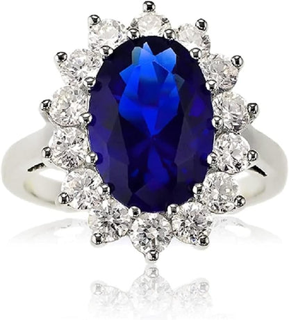 Sterling Silver Large Oval Created Blue Sapphire and Clear Cubic Zirconia Statement Bridal Engagement Princess Diana/Kate Middleton Royal Ring - WORLD TIME VISITS