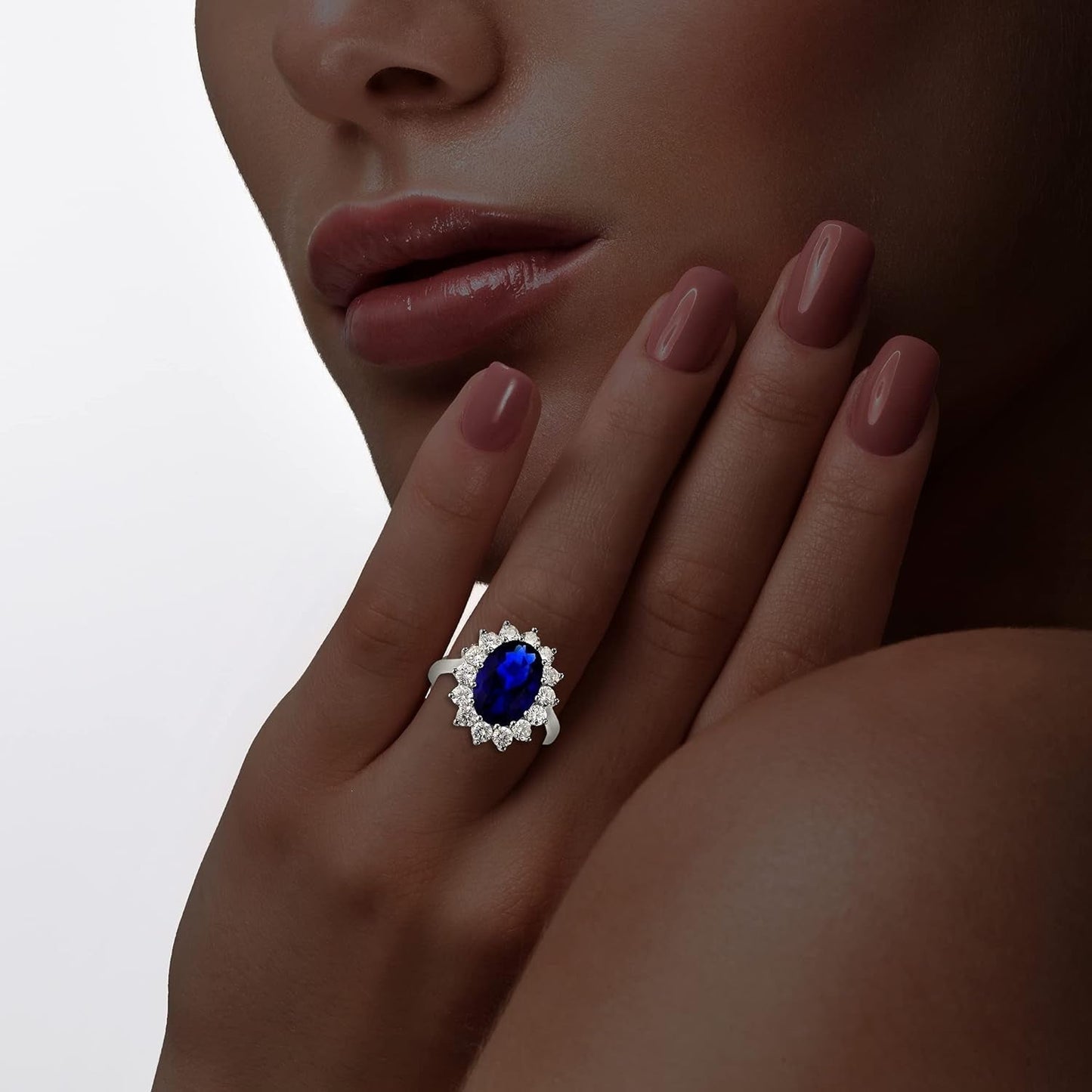 Sterling Silver Large Oval Created Blue Sapphire and Clear Cubic Zirconia Statement Bridal Engagement Princess Diana/Kate Middleton Royal Ring - WORLD TIME VISITS