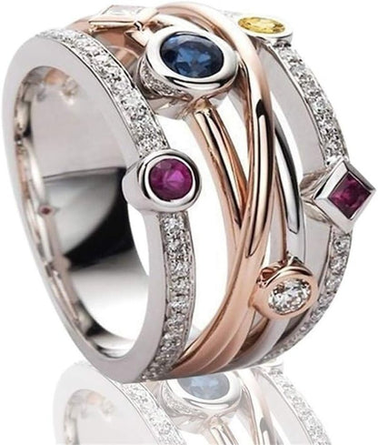 Sterling Silver Modern Eternity Ring with Sapphire, Ruby & Cubic Zirconia Stones in White, 10 round Stones, 0 Carats Total Diamond Weight, Prong Setting, Unisex Adult Engagement, Wedding Ring