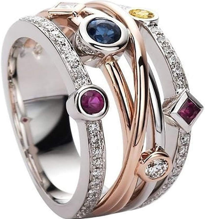 Sterling Silver Modern Eternity Ring with Sapphire, Ruby & Cubic Zirconia Stones in White, 10 round Stones, 0 Carats Total Diamond Weight, Prong Setting, Unisex Adult Engagement, Wedding Ring - WORLD TIME VISITS