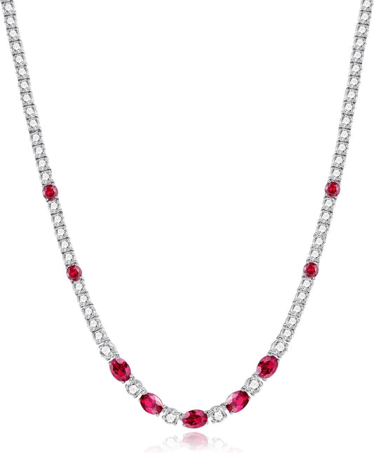 Sterling Silver Tennis Necklace 4Mm 18 Inch Birthstone Necklace with 6 * 8Mm Oval Gemstone Luxury Fine Birthday Jewelry Gifts for Women - WORLD TIME VISITS