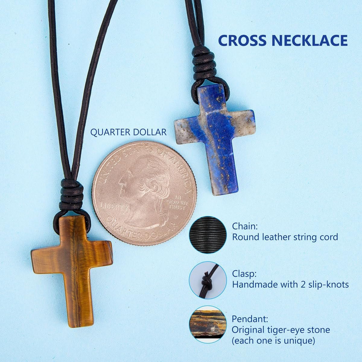Stone Cross Pendant Adjustable Leather Necklace Gift for Valentines Day