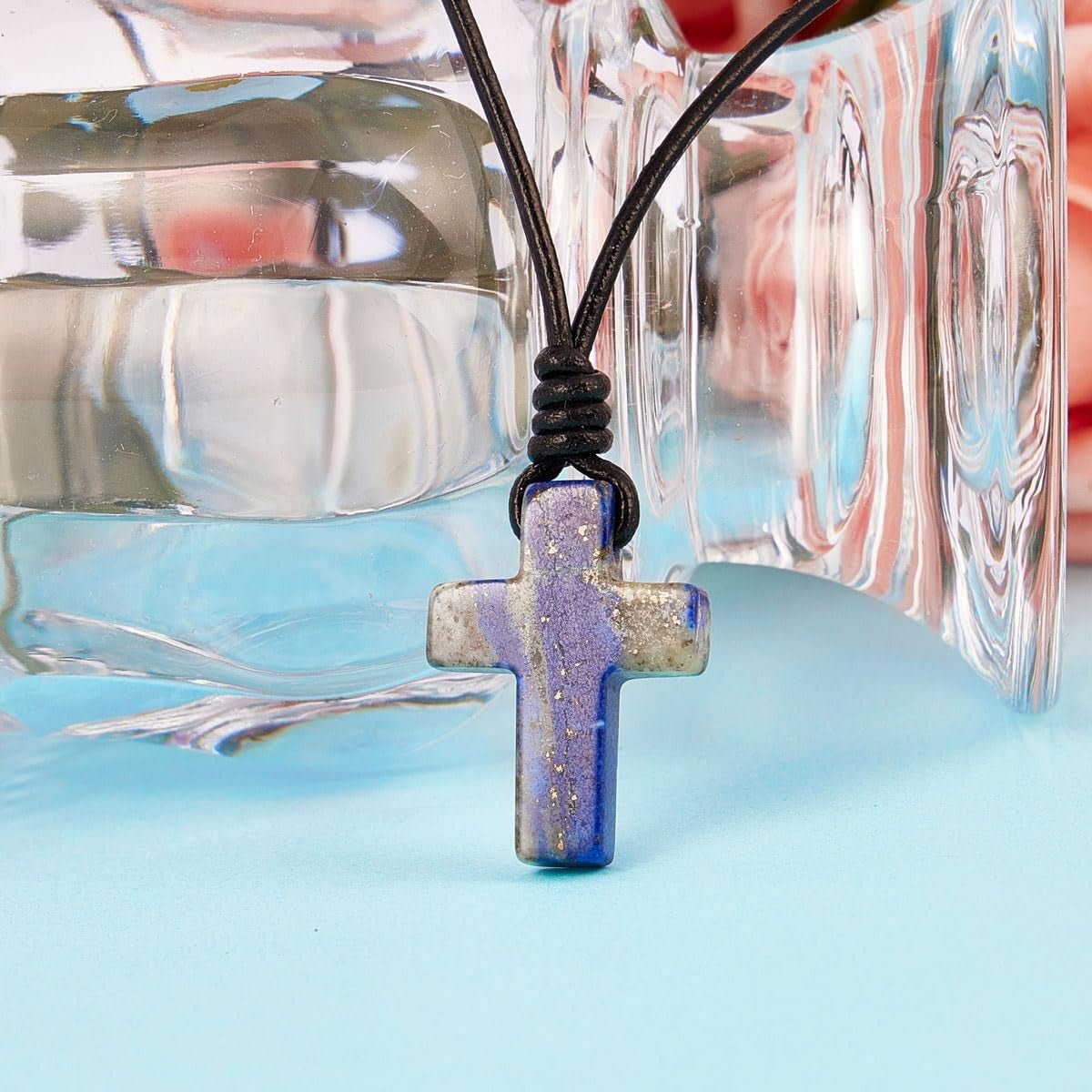 Stone Cross Pendant Adjustable Leather Necklace Gift for Valentines Day