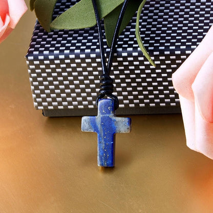 Stone Cross Pendant Adjustable Leather Necklace Gift for Valentines Day