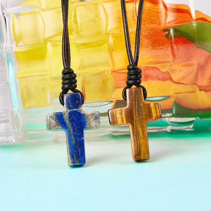 Stone Cross Pendant Adjustable Leather Necklace Gift for Valentines Day