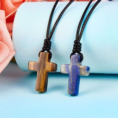 Stone Cross Pendant Adjustable Leather Necklace Gift for Valentines Day