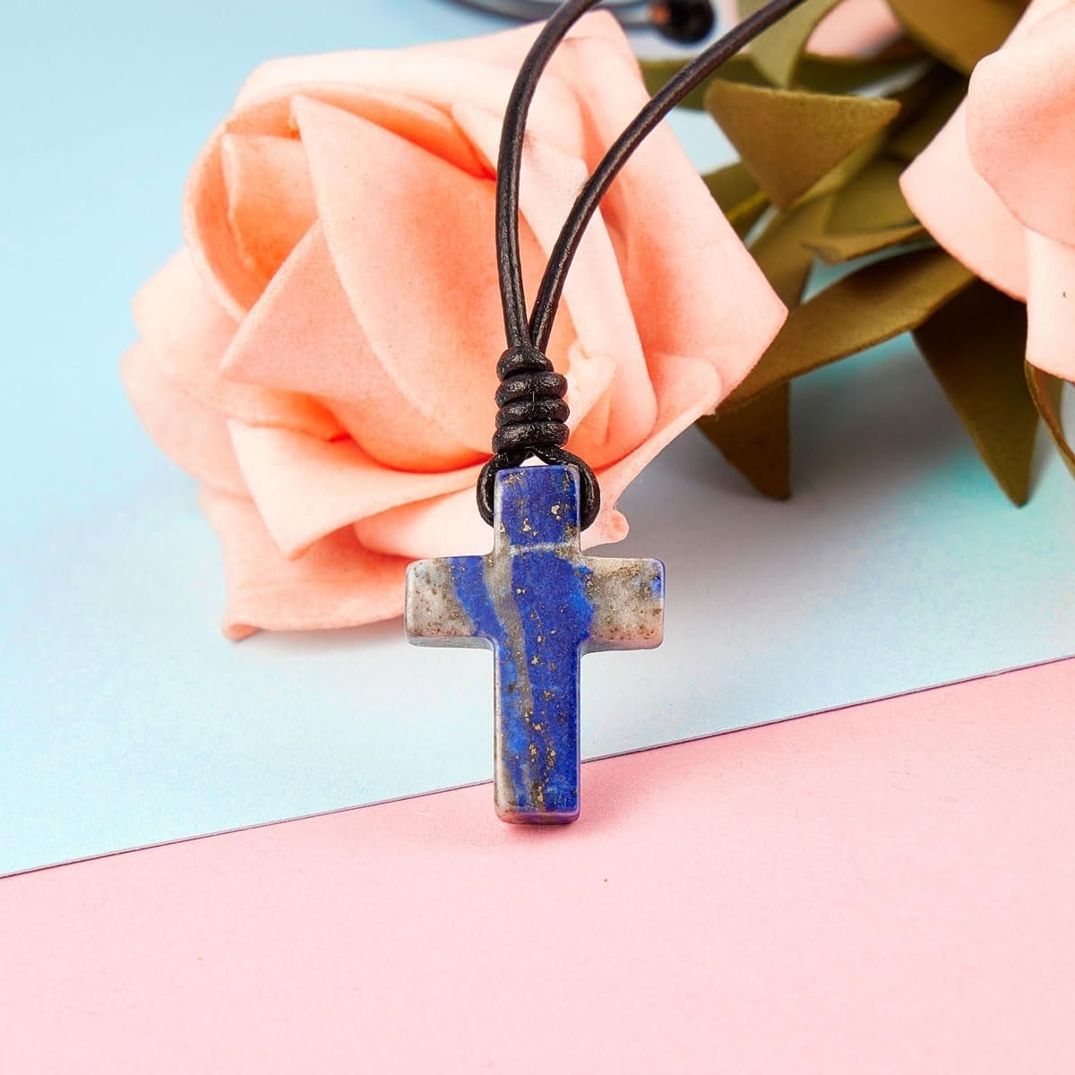 Stone Cross Pendant Adjustable Leather Necklace Gift for Valentines Day - WORLD TIME VISITS
