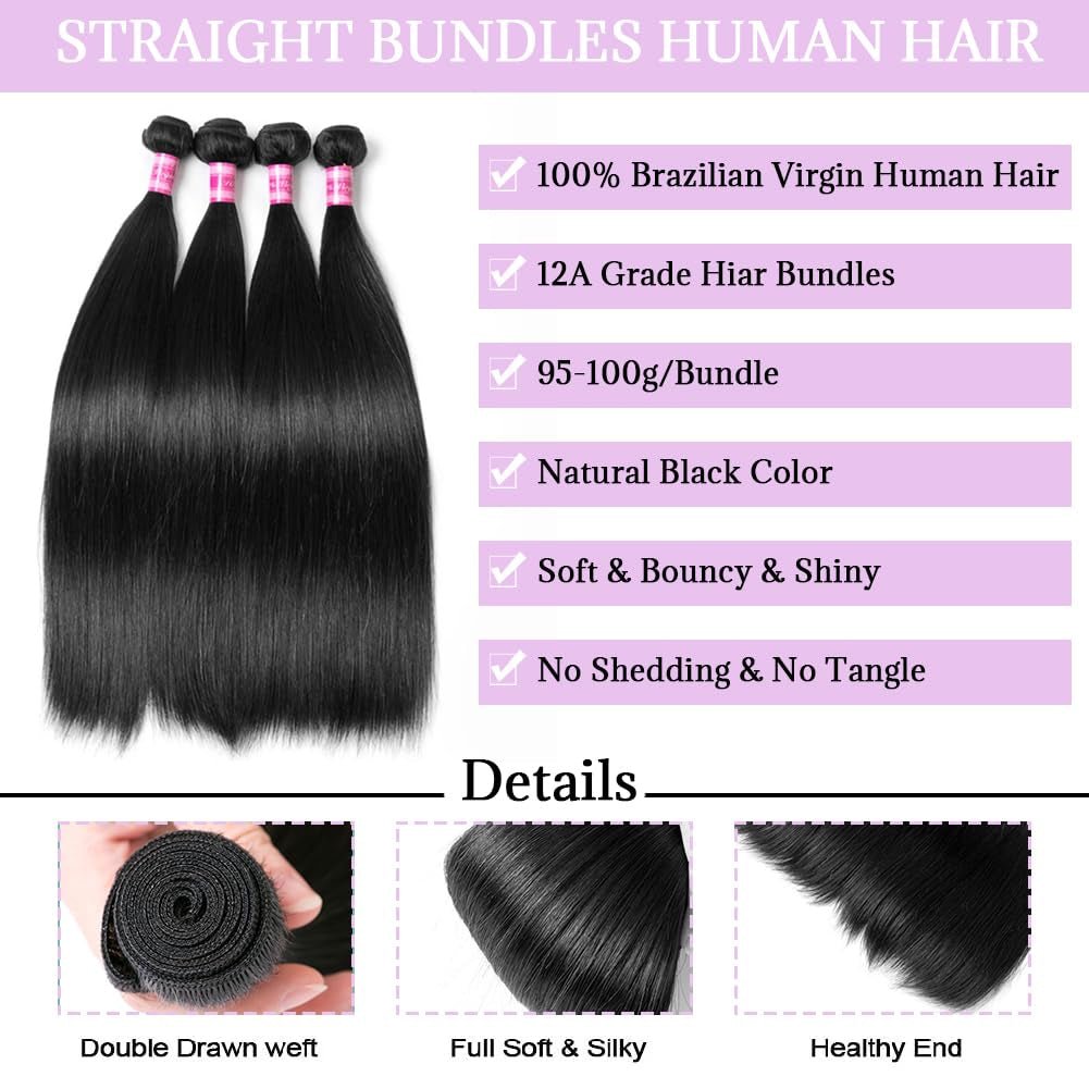 Straight Bundles Human Hair 18 20 22 Inch 100% Unprocessed Brazilian Virgin Straight Human Hair Bundles 12A Natural Black Remy Hair Extensions for Women - WORLD TIME VISITS