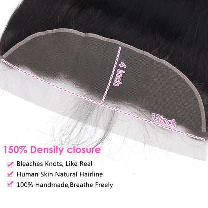 Straight HD Lace Frontal 13X4 Human Hair 18 Inch Free Part Hand Tied 150% Density Ear to Ear Pre Plucked with Baby Hair Natural Color