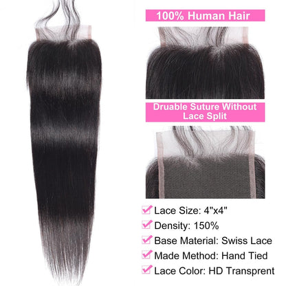 Straight Lace Closure Human Hair 4X4 HD Lace Closure 10 Inch Brazilian Virgin Human Hair Transparent Swiss Lace Free Part Pre Plucked with Baby Hair Natural Black
